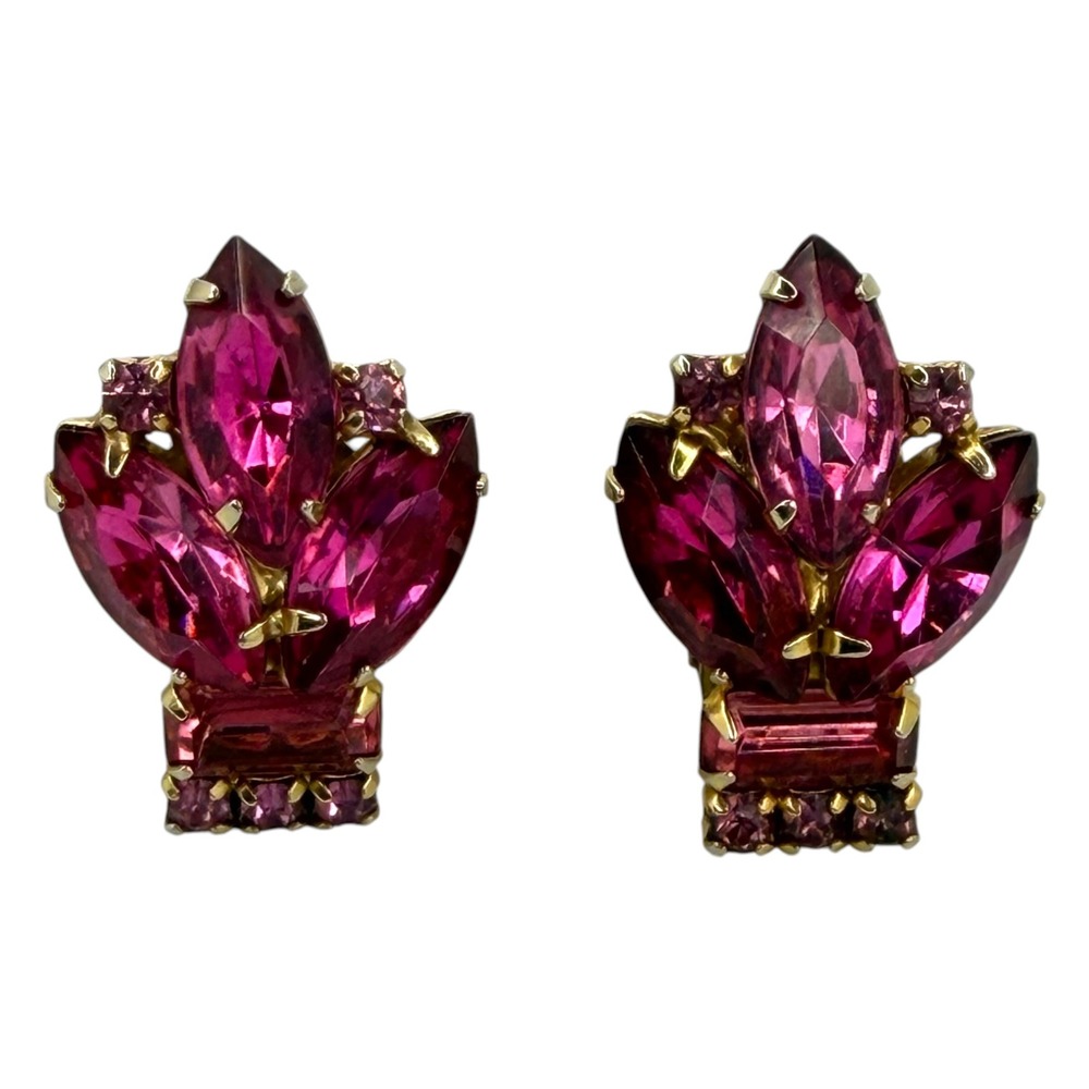 Vintage Clip On Earrings Rhinestone Pink Fuchsia Gold Tone Cluster Statement